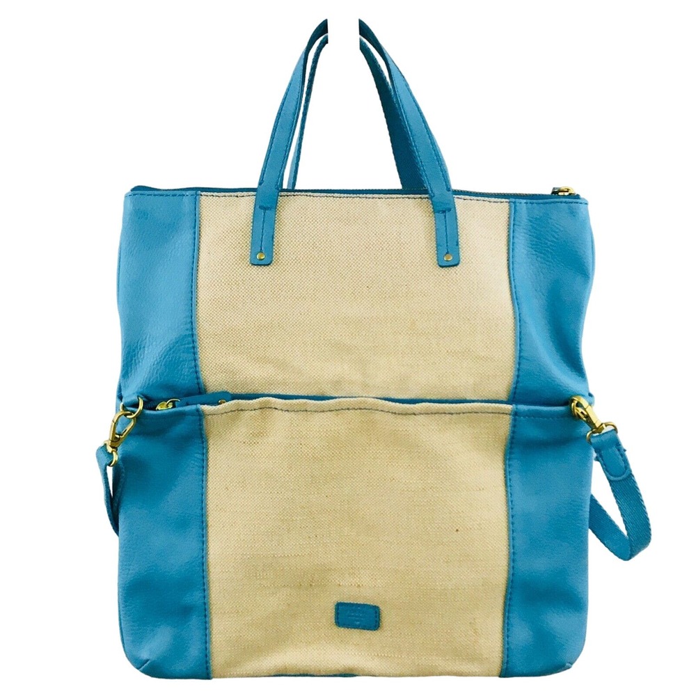 Fossil Foldover Purse Cream Canvas Blue Faux‎ Leather Trim 15x15 Shoulder Bag